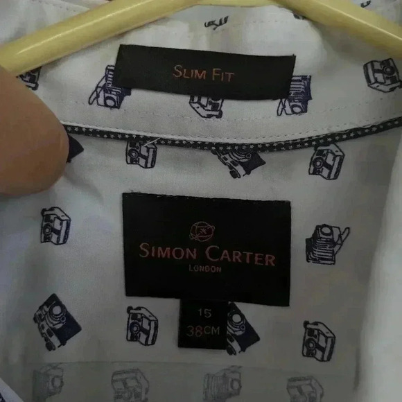 2/25$ SIMON CARTER camera pattern men shirt size 15, 38 cm 💯 cotton Like New! - Picture 4 of 9